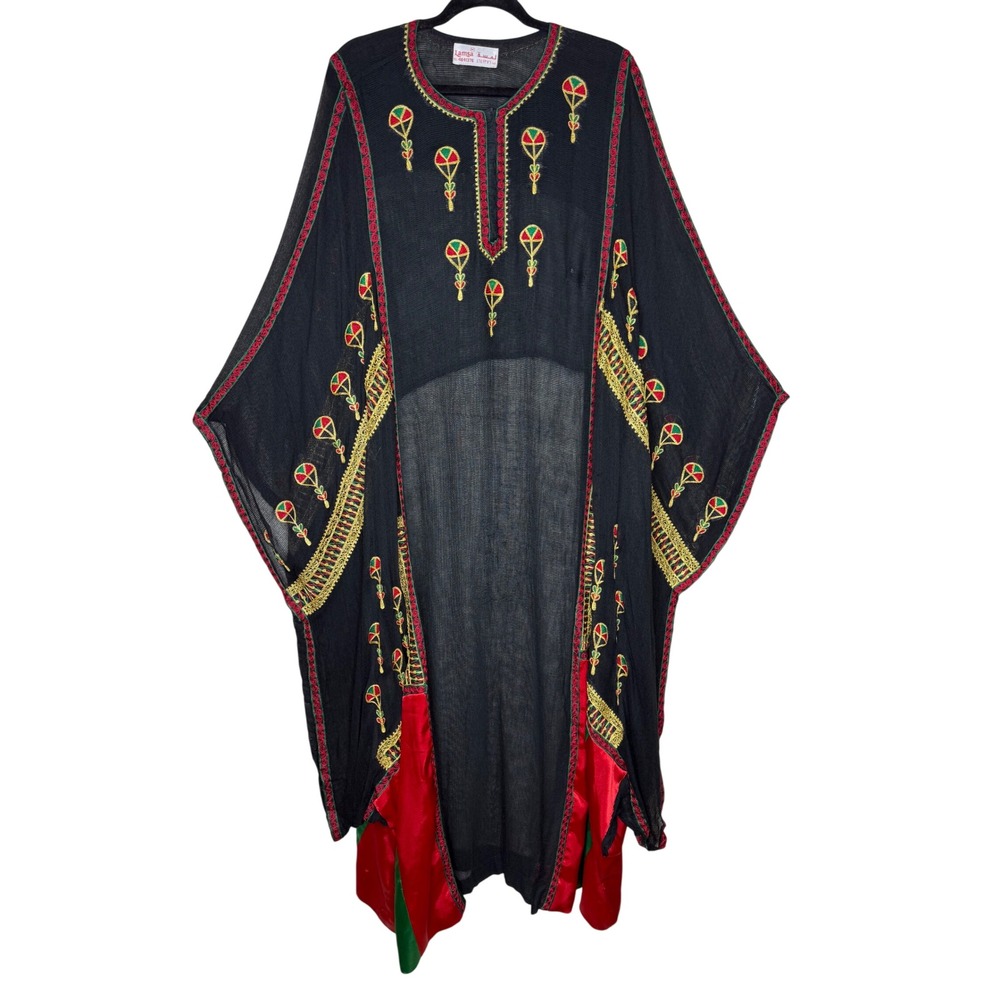 Vintage Lamsa Kaftan Black Mesh Gold, Red, And Green Embroidery Free Sz BohoChic